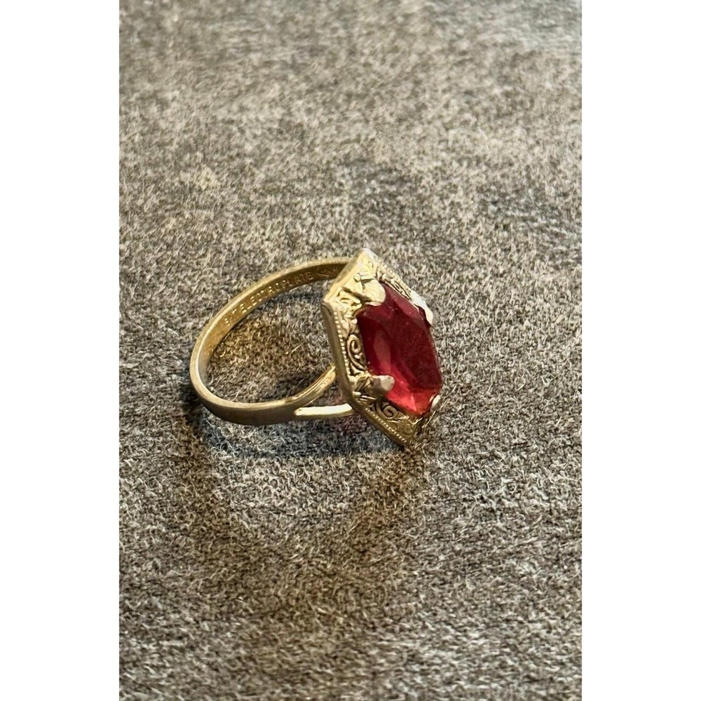Vintage 18k Electroplated Red Gemstone Hexagonal Ring Size 6.5
